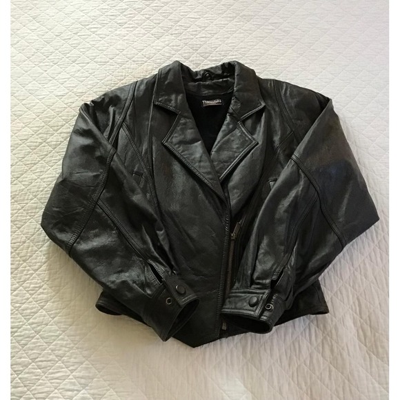 Vintage Wilsons Black Leather Moto Jacket Thinsulate Tie Up Back Biker Coat Sz S - Picture 3 of 10